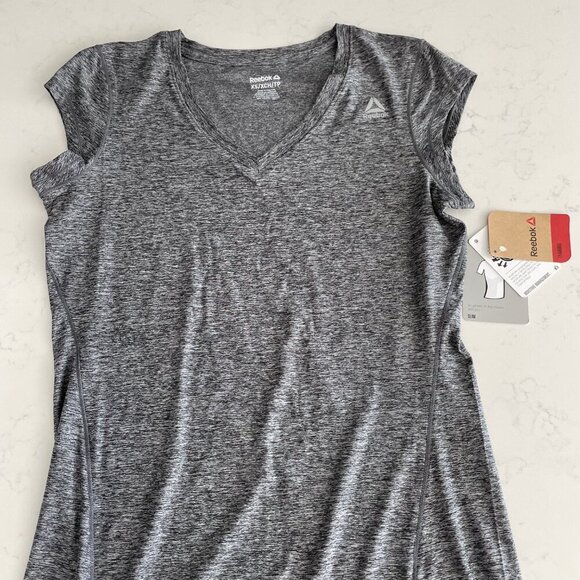 Reebok Training Perfect Cap Sleeve V Neck Slim Top Black Heather Sz XS NWT - Picture 2 of 13